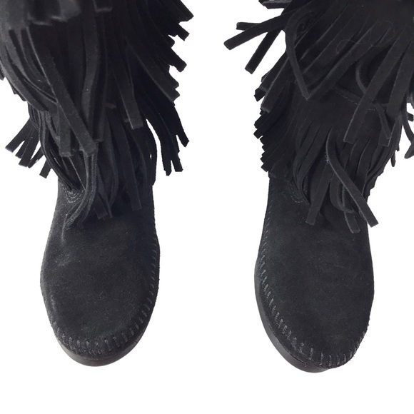 Minnetonka 3 Layer Fringe Moccasin Boot Womens Size 8 Suede Boho Western 1639 - Picture 3 of 11